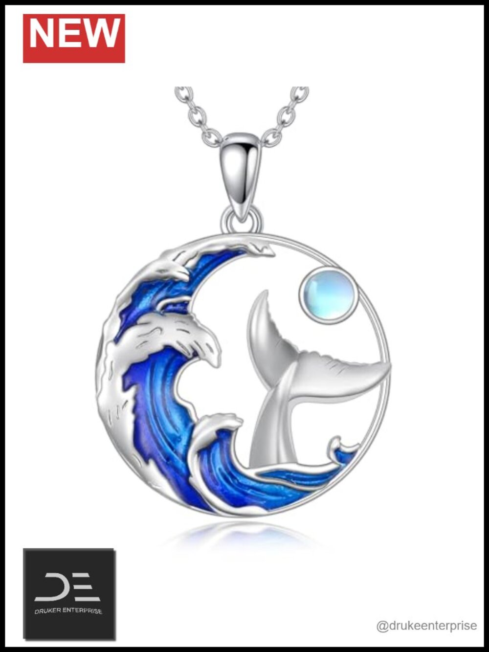 Ocean Wave Whale Tail Pendant Necklace 925 Sterling Silver Moonstone
